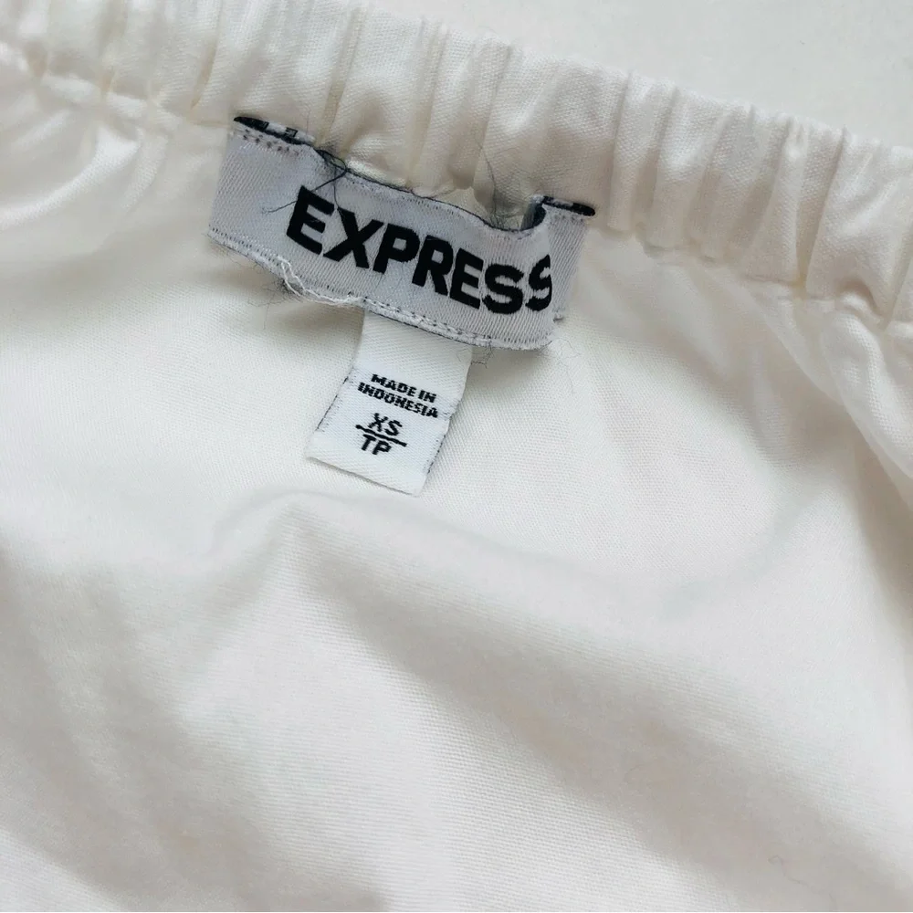 White Off-Shoulder Crop Top with Blue Lace Trim • Express Size XS - Picture 6 of 11
